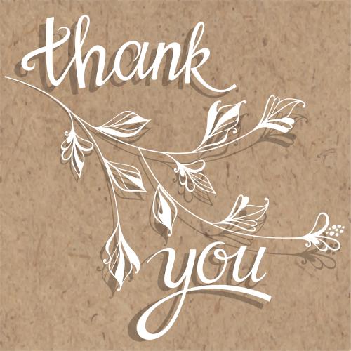Вектор надпись thank you, фантазийная веточка с листьями на крафте